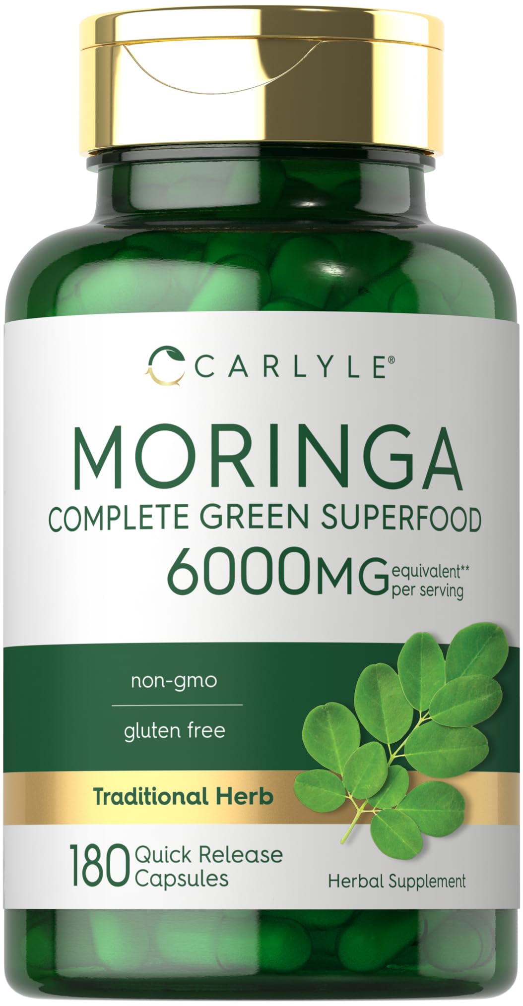 Carlyle Moringa Oleifera | 180 Cápsulas | Suplemento sin OGM y Sin Gluten | Superfood Verde Completo | de Polvo de Hoja de Moringa